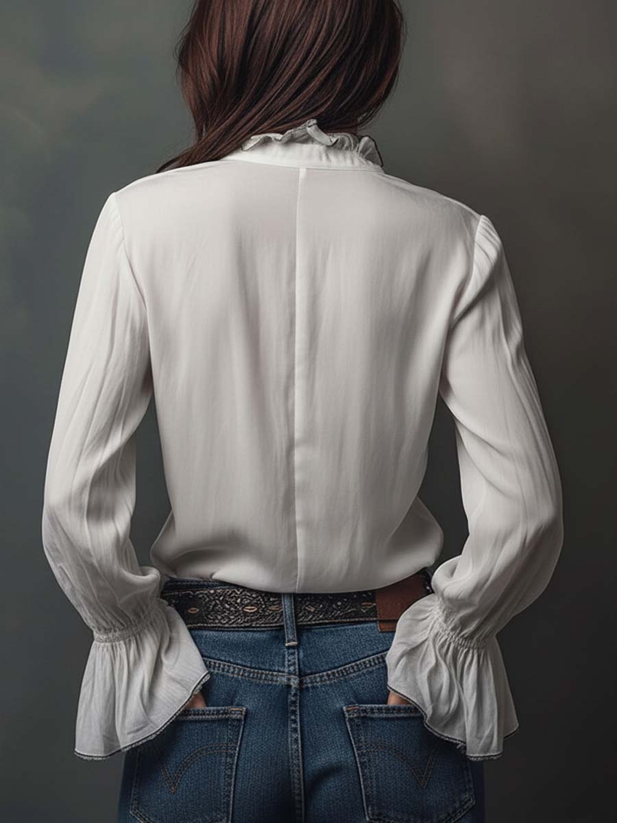 White Zip-Front Blouse With Flounce Cuffs - Fashionpara