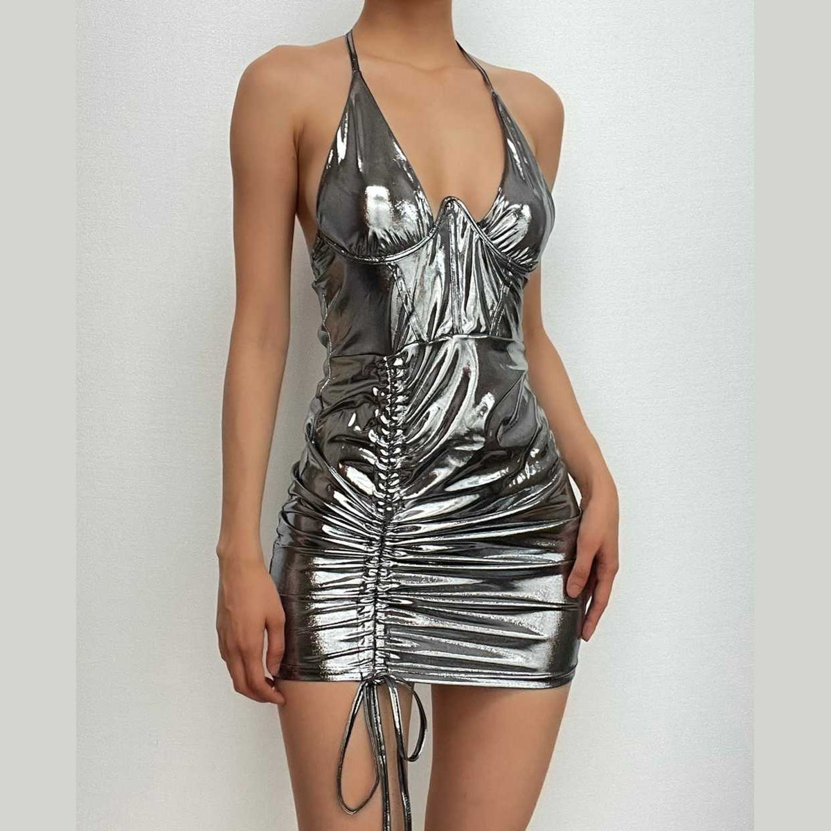 Metallic Halter Neck Ruched Drawstring Bodycon Mini Dress