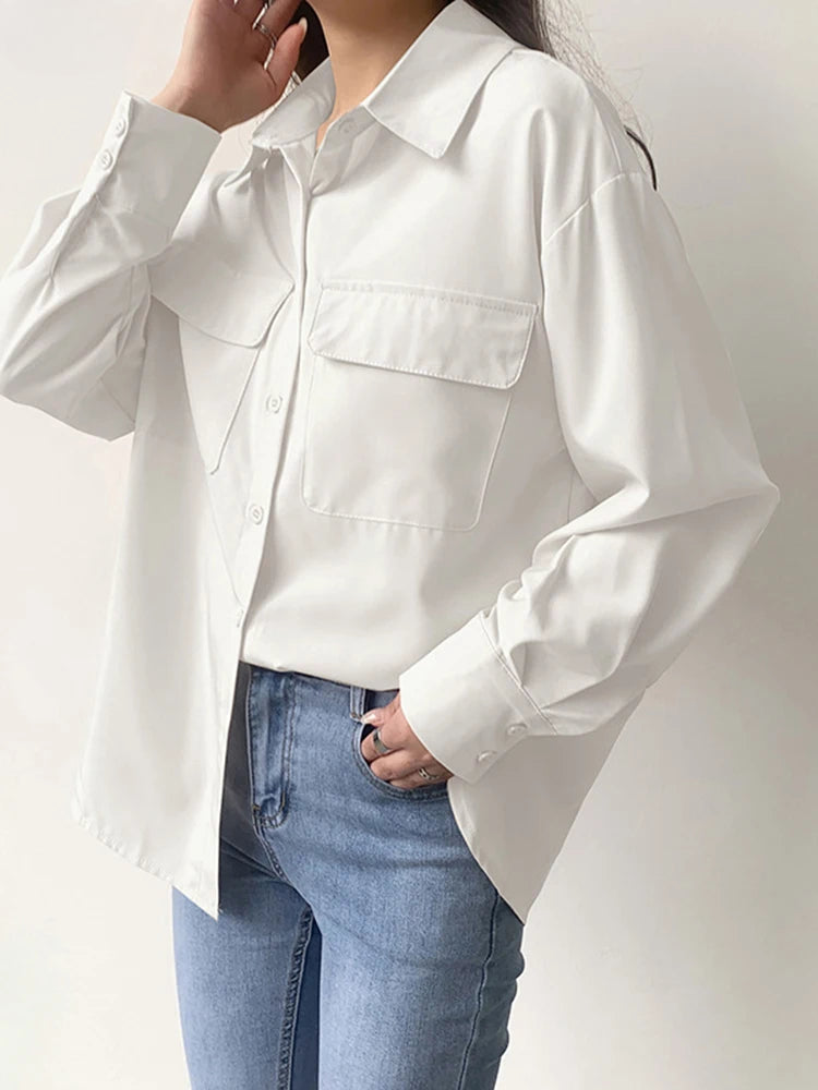 Solid Harajuku Lapel Blouse Casual Blouse WHITE / S blouse-250126