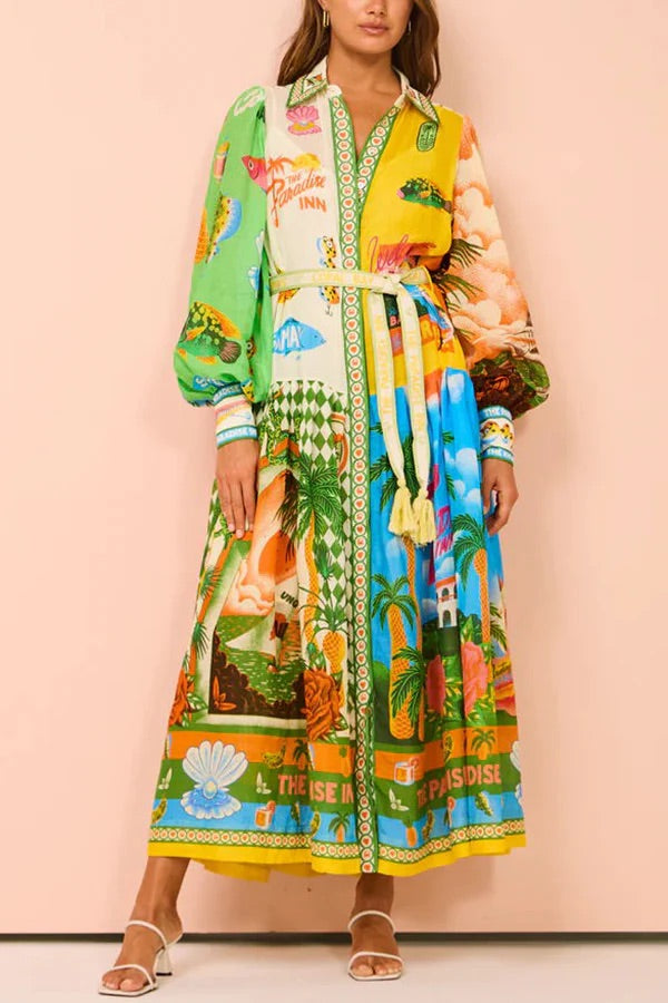 A World of Colour Unique Print Balloon Sleeve Belt Shirt Midi Dress - Fashionpara
