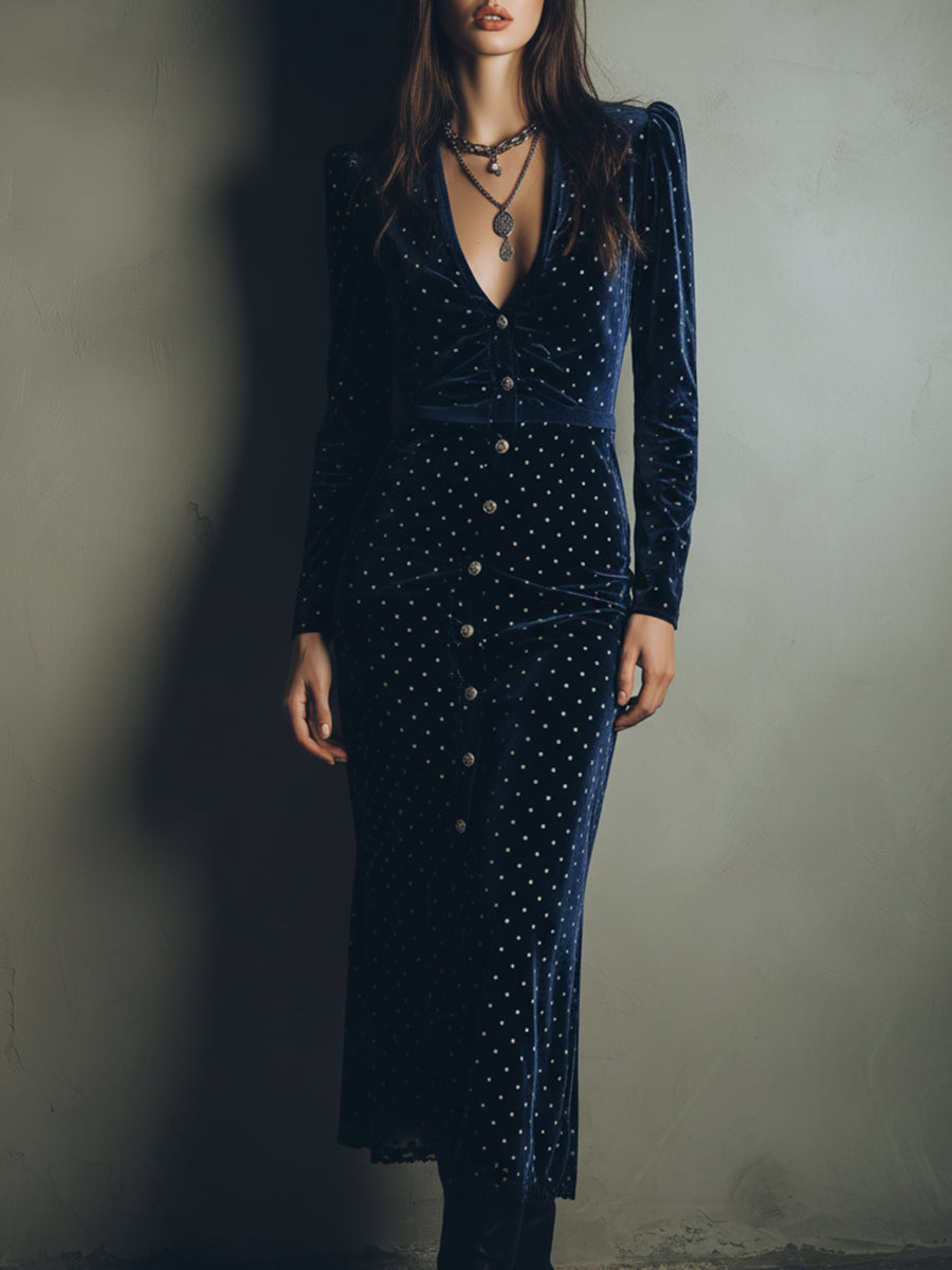 Quiet Luxury Puff Sleeve Velvet Polka Dot Midi Dress