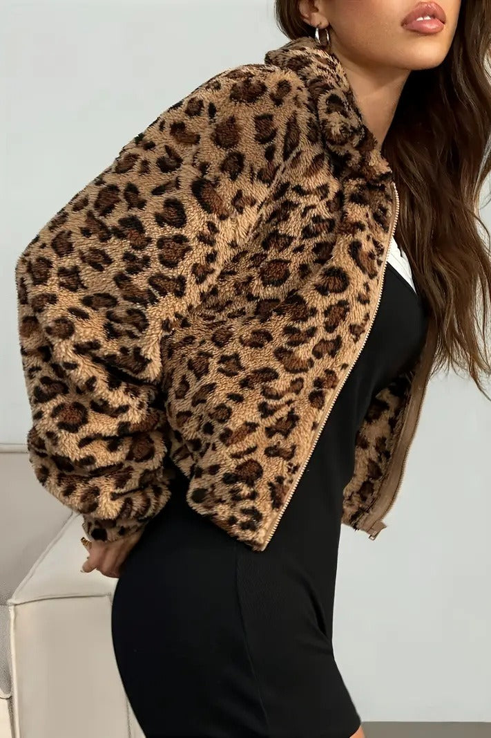 Sophisticated Leopard Print Hooded Zip-Up Coat for Style