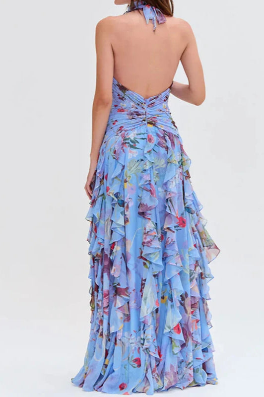 Floral Print Halter Plunge Ruffle High-Slit Maxi Dress 5