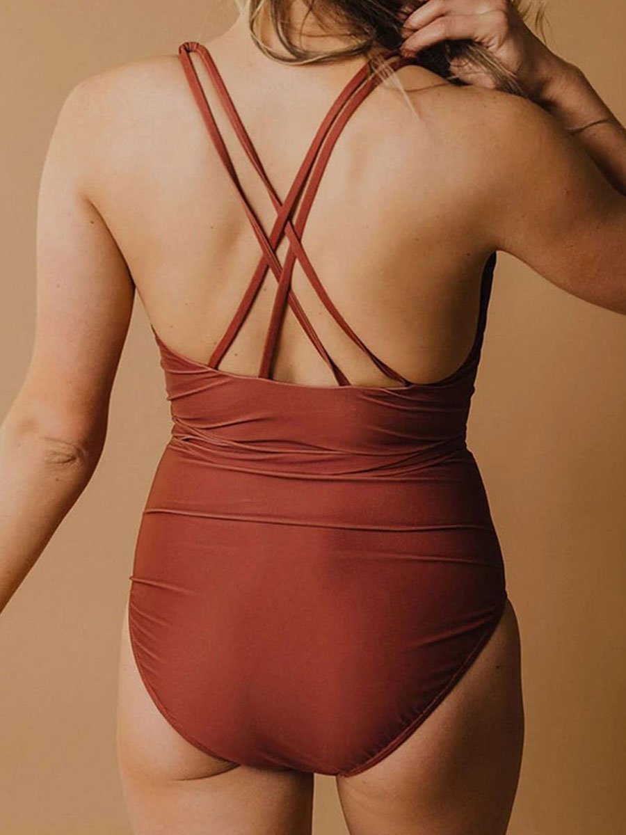 Knot Design Brown One-piece Swimsuit - Fashionpara