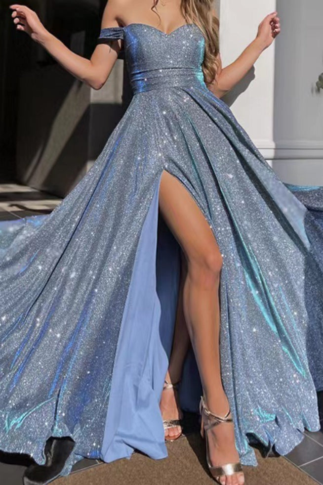Glitter Off-Shoulder Sweetheart High-Slit A-Line Gown
