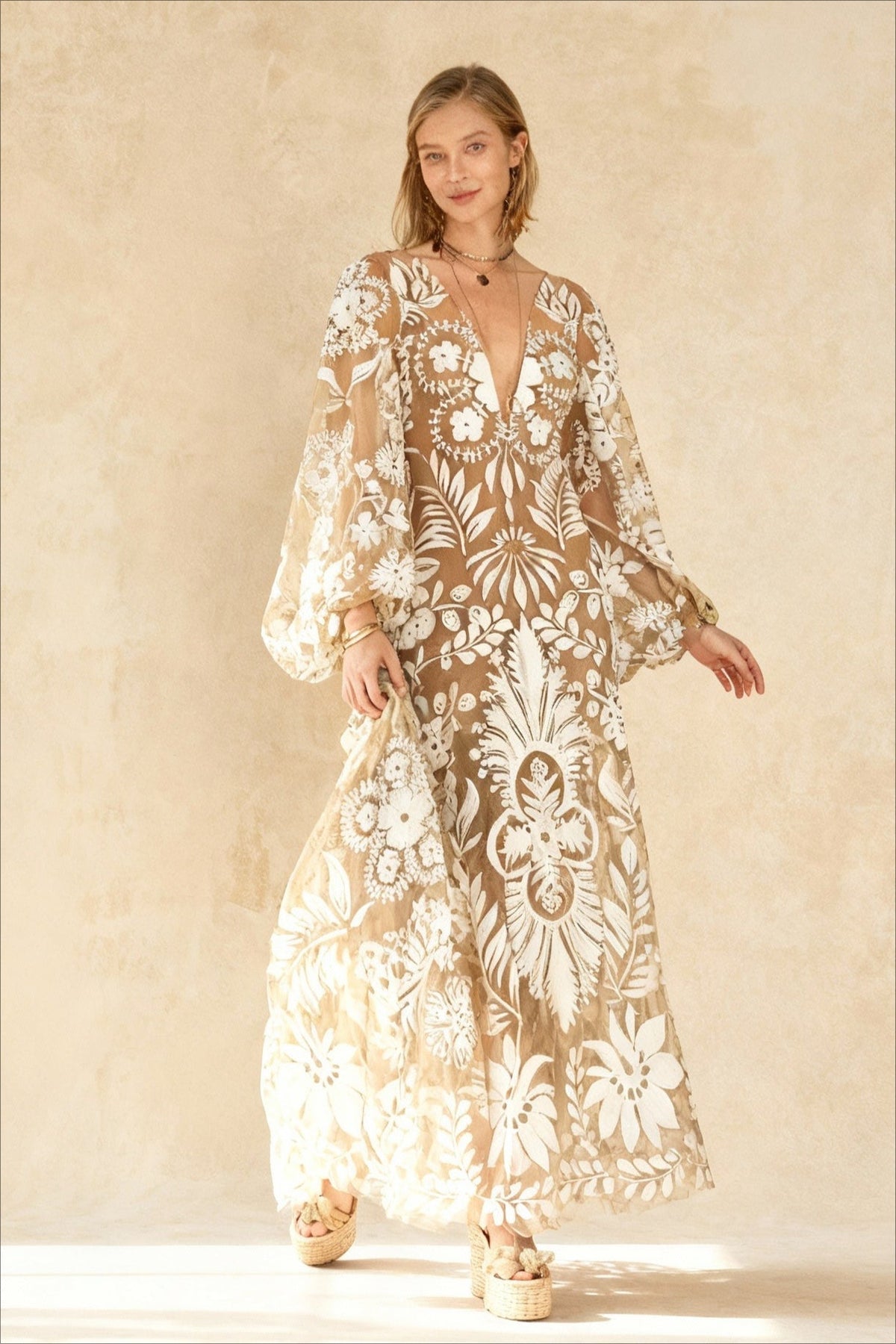 Floral Embroidered Plunge Long Sleeve Sheer Maxi Dress