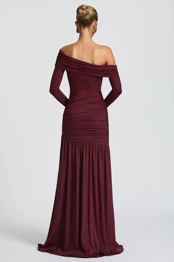 Off Shoulder Long Sleeve Ruched High Split Gown 2