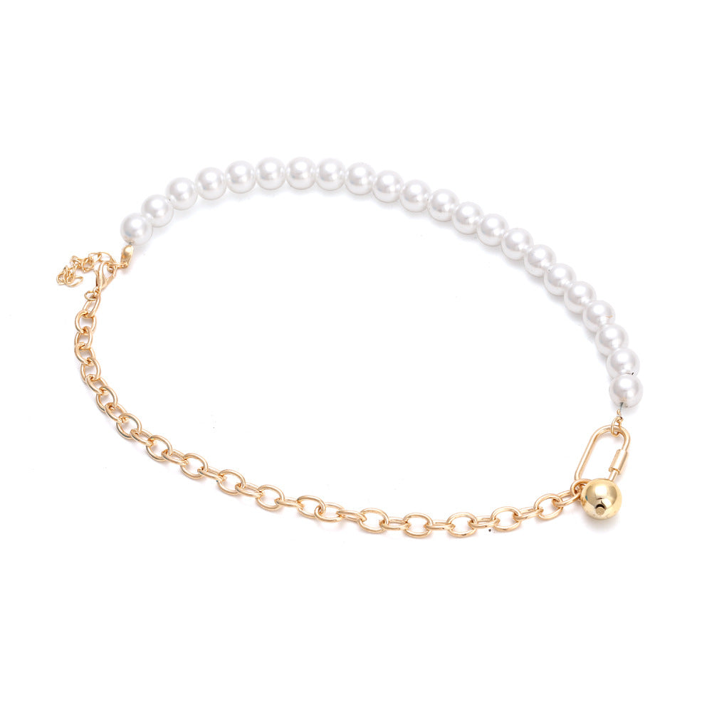 Pearl Lock Metal Stitching Necklace