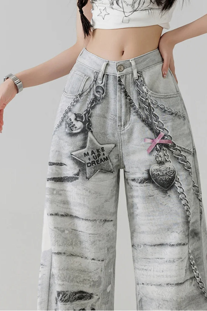 Metal Love Chain Straight Leg Jeans