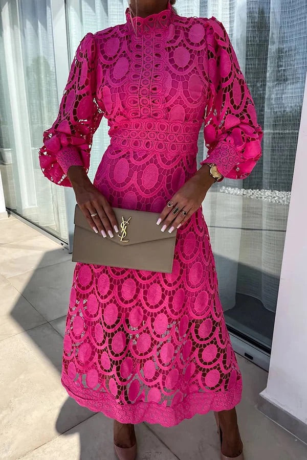 Francisca Crochet Lace Lantern Sleeve Midi Dress - View 2