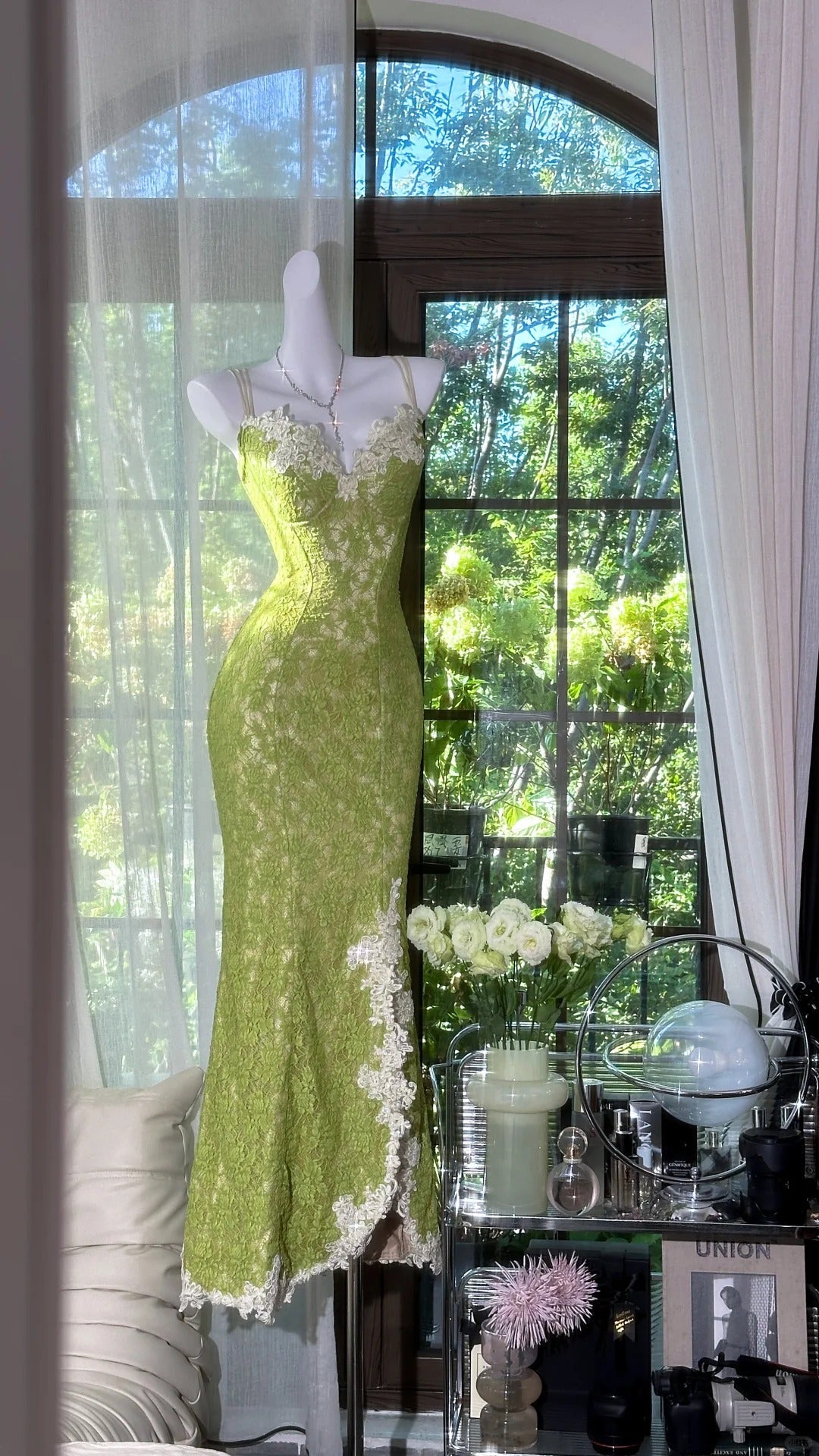 Fresh Green Mermaid Strapless Backless Criss-cross Lace Long Prom Dress Evening Dress P4035