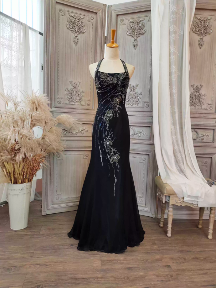Vintage Black Mermaid Halter Neck Beaded Chiffon Long Prom Dress Evening Dress P4350