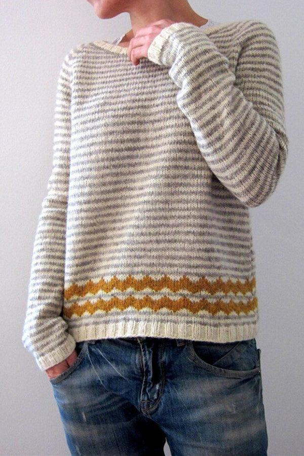 Lady Rin Color Block Crew Neck Long Sleeve Pullover Sweater