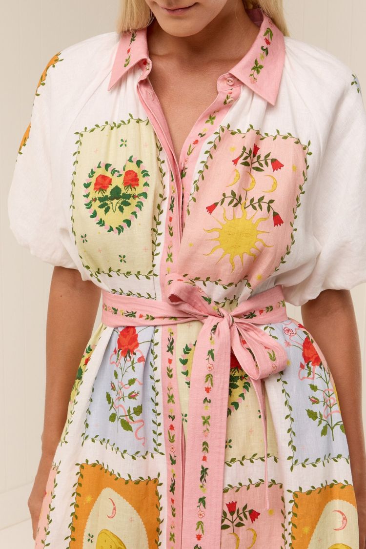 Lily Song Linen Blend Unique Print Short Sleeve Tie-up Shirt Maxi Dress - Fashionpara