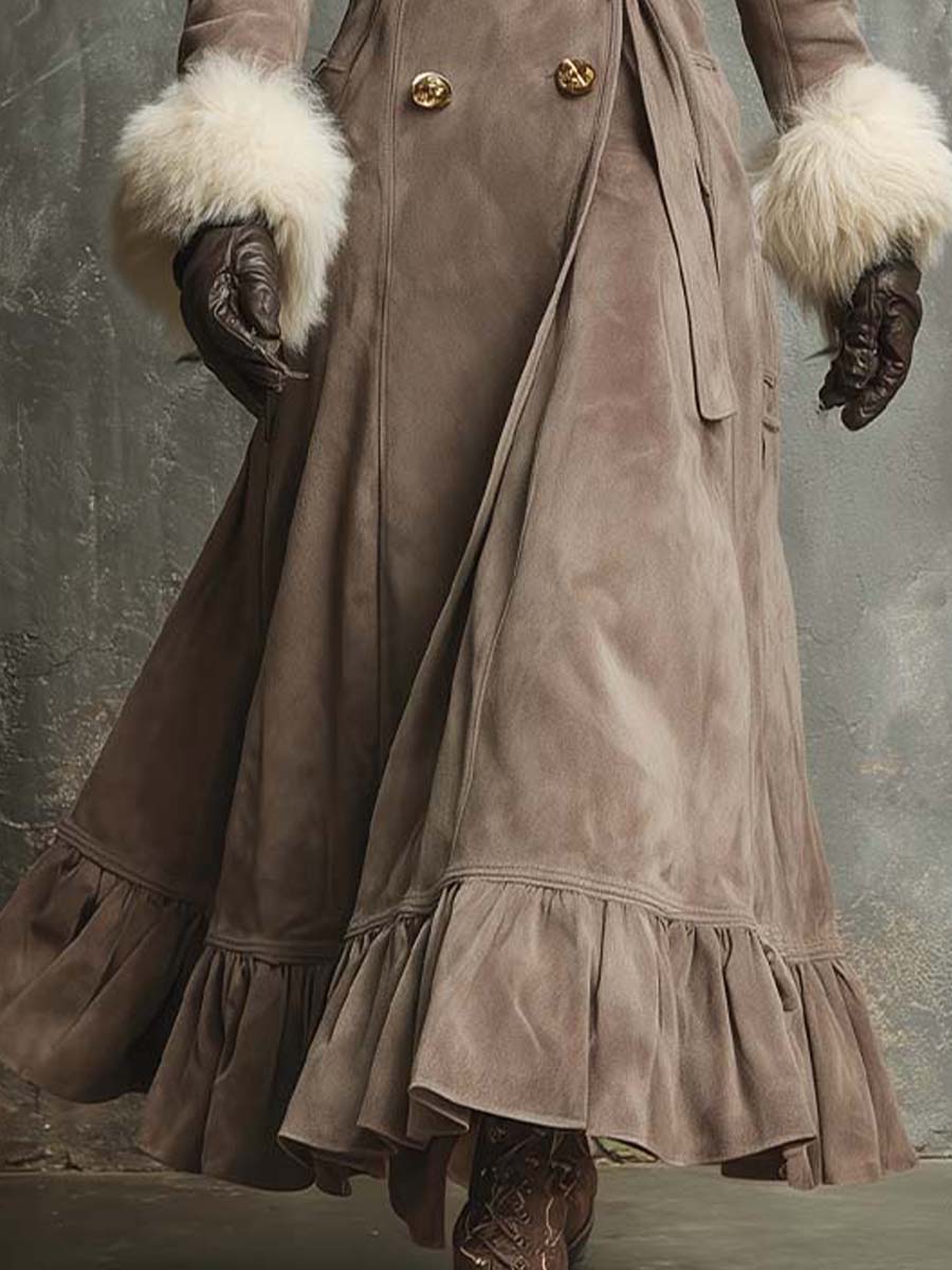 Long Suede Trench Coat With Faux Fur Collar & Cuffs – Mocha Taupe