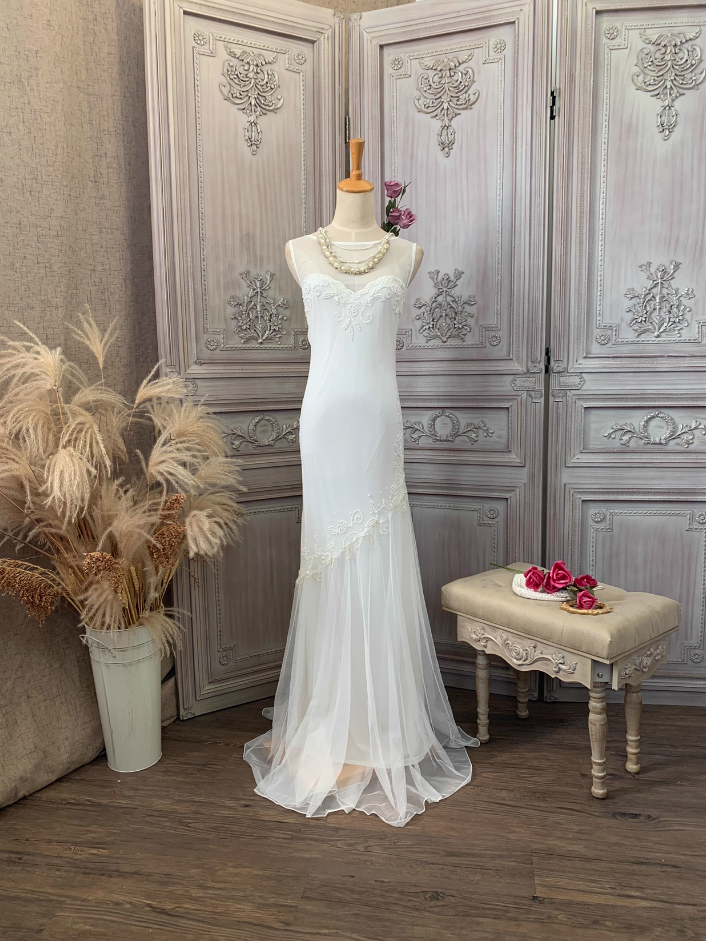 Elegant White Mermaid Sleeveless Beaded Chiffon Long Prom Dress Evening Dress P4352