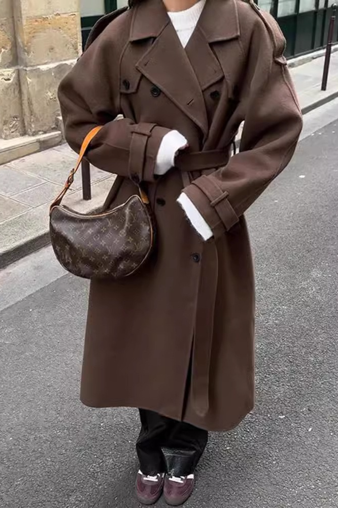 Notched Lapel Long Wool Cinch Belt Overcoat - Fashionpara