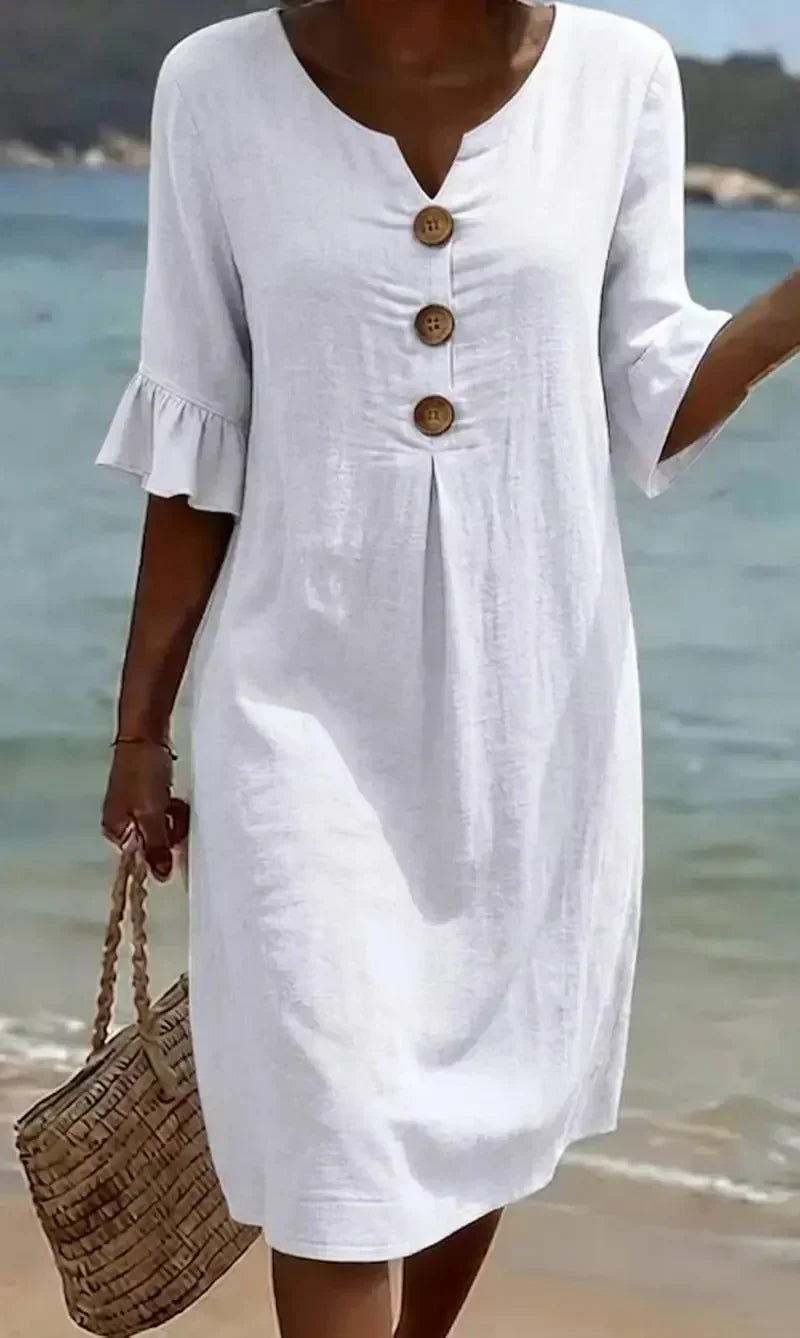 V-Neck Button Placket Flutter Sleeve Linen Look Midi Dress 3