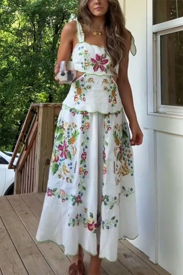 Tropical Romance Printed Tie-up Cutout Waist Midi Dress - Fashionpara