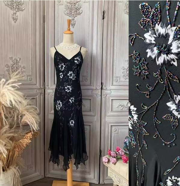 Elegant Black Mermaid Spaghetti Strap V-Neck Beaded Chiffon Long Prom Dress Evening Dress P4354