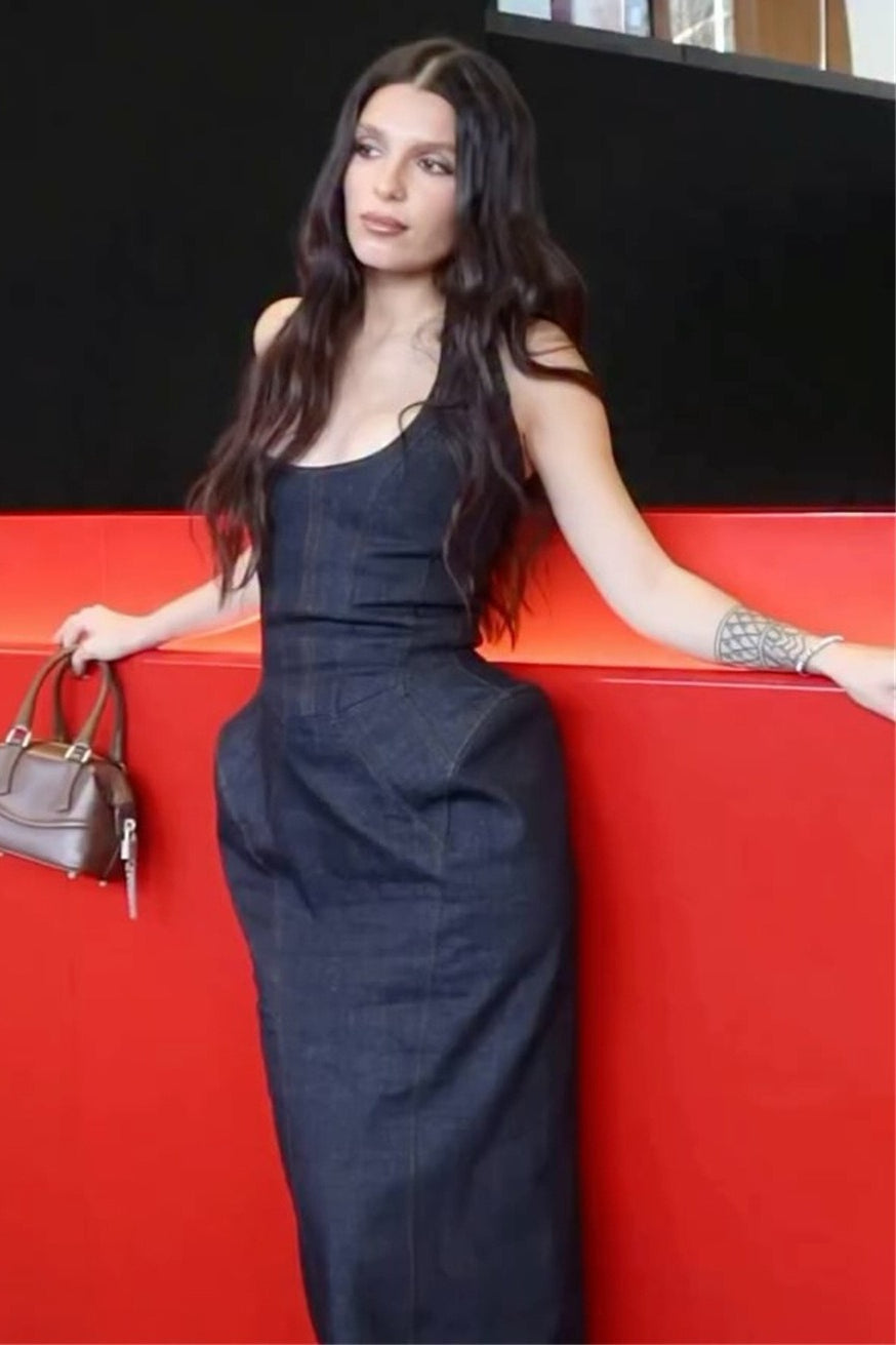 Denim Halter-Neck Backless Column Maxi Dress