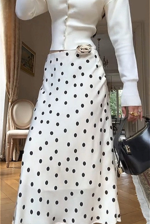 Long Sleeve Top Polka Dot Skirt Set - Fashionpara
