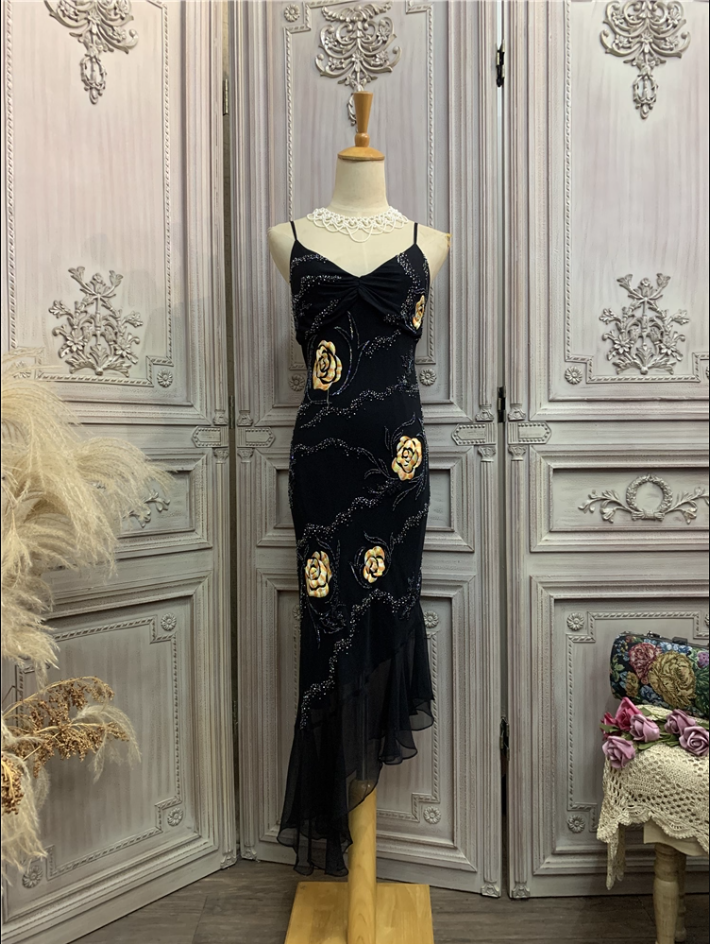 Vintage Black Mermaid Spaghetti Strap Gold Rose Beaded Embroidery Chiffon Long Prom Dress Evening Dress P4355