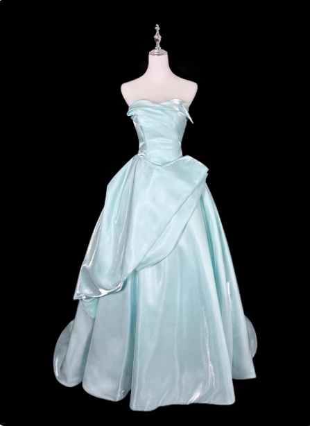 Dreamy Mint Light Blue A-line Strapless Satin Prom Dress Evening Dress P4356