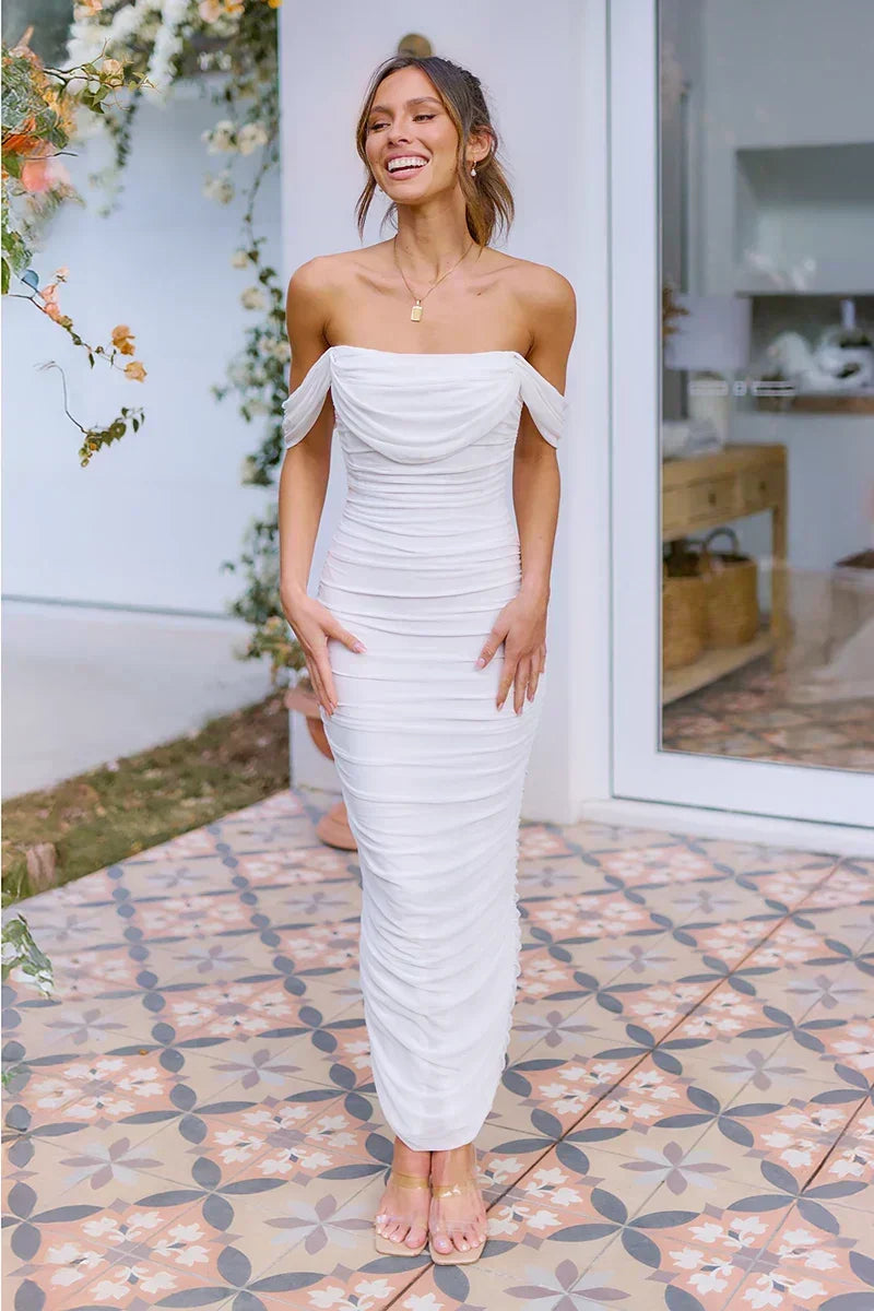 Off Shoulder Ruched Bodycon Back Slit Maxi Dress - View 2