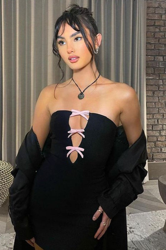 Strapless Bow-Trim Lace-Up Cutout Bodycon Mini Dress