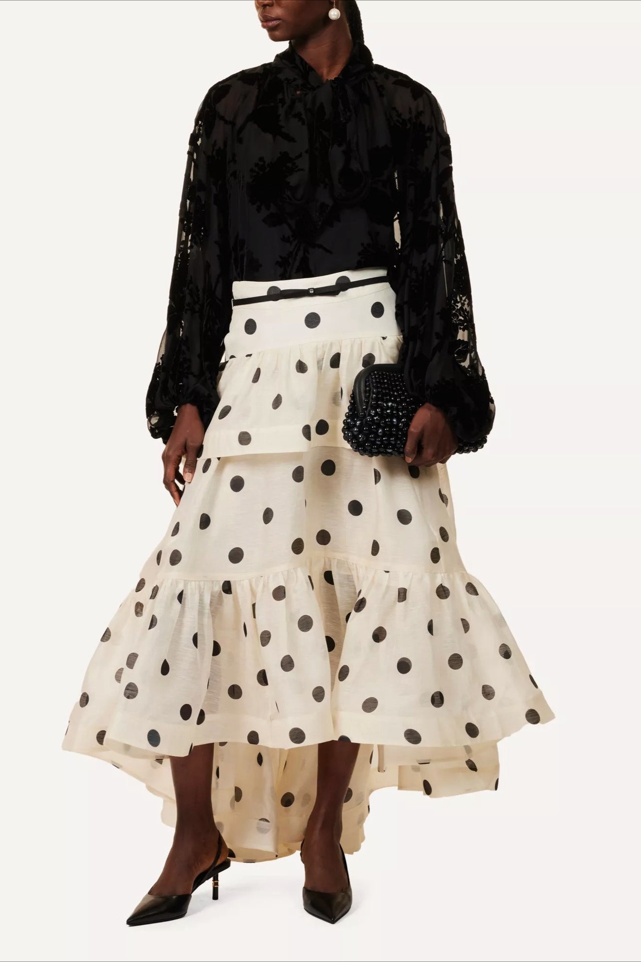Tiered Ruffle Polka Dot Midi Skirt - Fashionpara