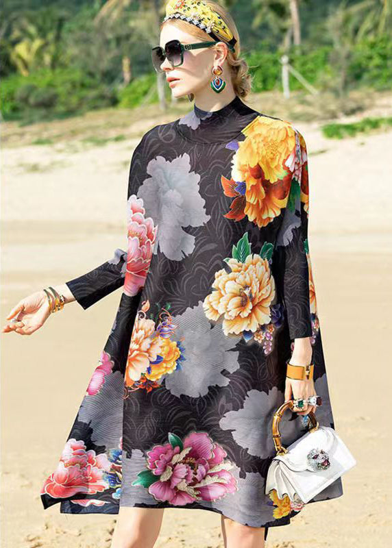 Floral Print Mock Neck Long Sleeve Crinkled Texture A-Line Midi Dress