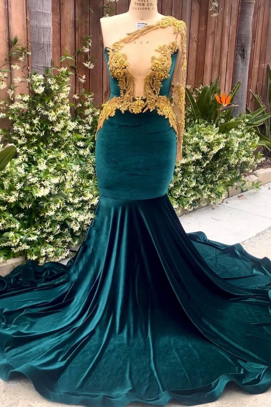 Designer Dark Green Velvet One shoulder Long Mermaid Prom Party Dresses with Gold Appliques - Fashionpara