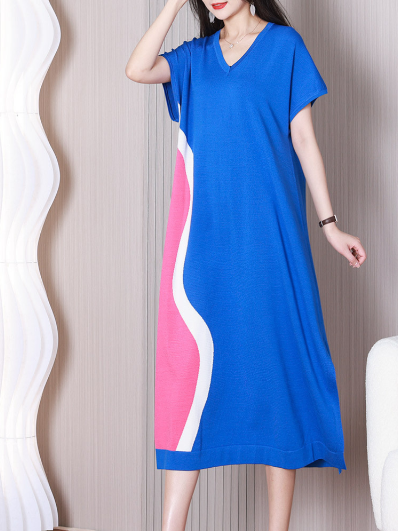 Colourblock V-Neck Short Sleeve Knit Midi Dress 7