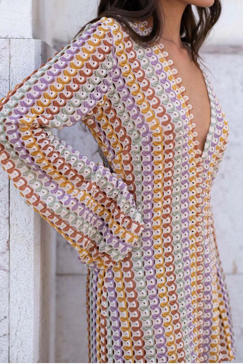 Crochet Deep V-Neck Long Sleeve Striped Boho Maxi Dress - View 7