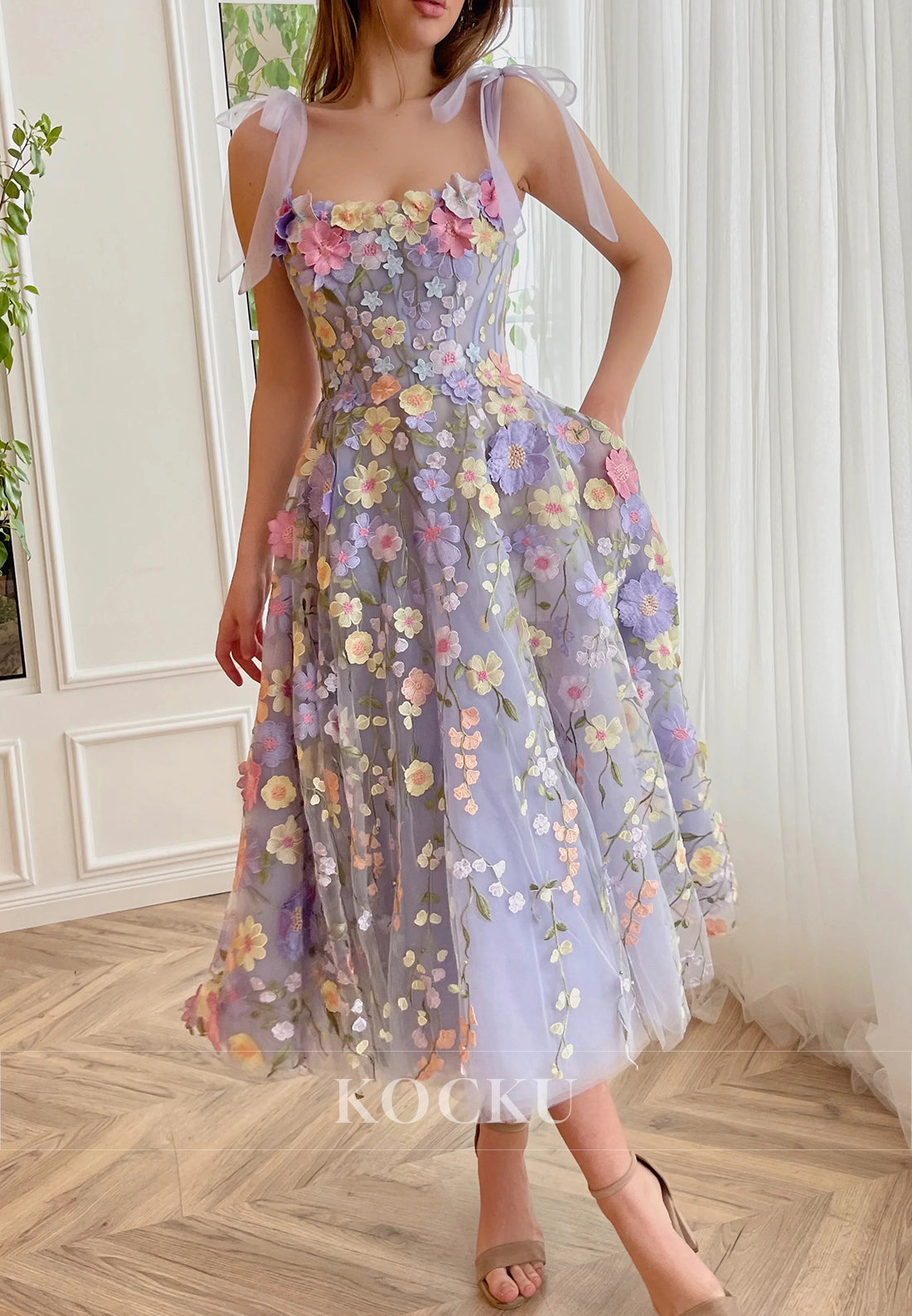 Spaghetti Straps Square Floral Embossed Tea-Length Prom Dresses