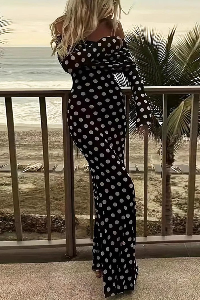 Off Shoulder Mesh Polka Dot Maxi Dress - Fashionpara