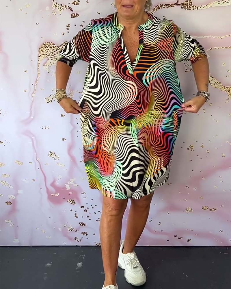 Standing Collar Split Neck 3/4 Sleeve Shift Mini Dress - View 3