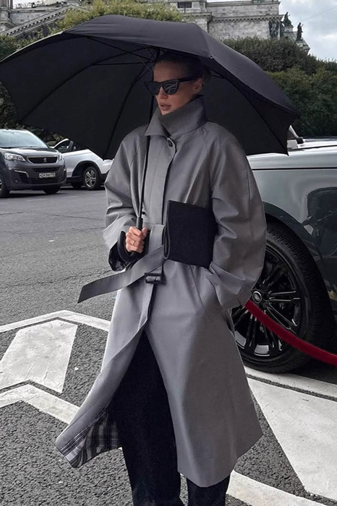 Elegant Solid Color Belted Long Overcoat for Chic Style