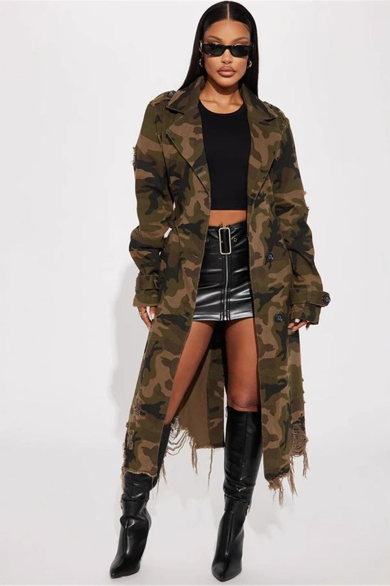 Distressed Camo Long Overcoat for Stylish All-Season Wear