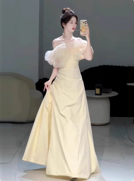 Sweet Cream Yellow A-Line Off-the-Shoulder Bow-Embellished High-Slit Satin Long Prom Dress Evening Dress P4360