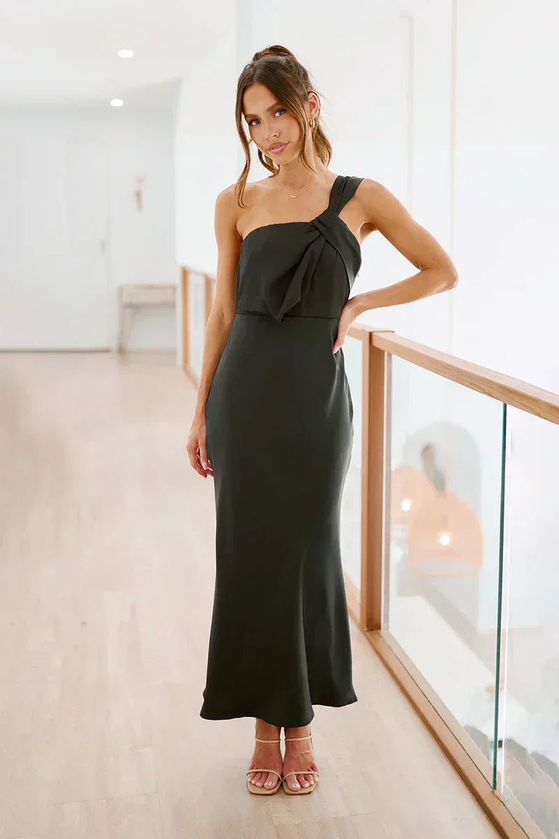 Crepe One Shoulder Knot Twist Mermaid Maxi Gown