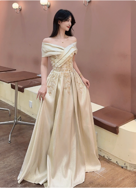 Vintage Champagne Gold Off-the-Shoulder Embroidered  Satin Long Prom Dress Evening Dress P4361