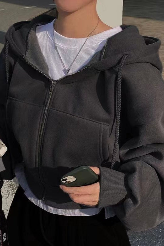 Fleece Lined Zip Cropped Hoodie