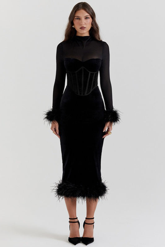 Velvet Corset Sweetheart Bodice Mesh Yoke Feather Bodycon Dress - View 3