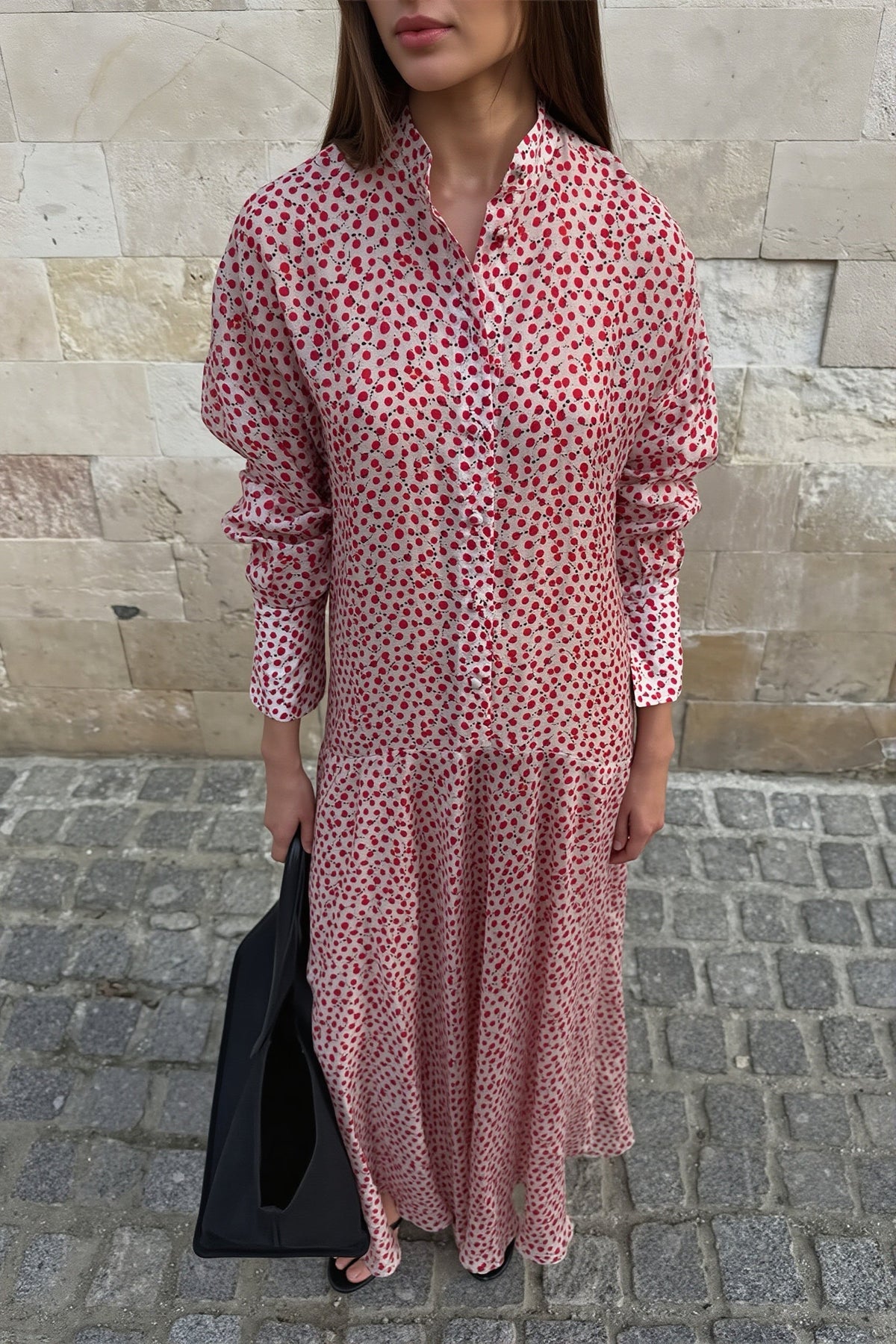 Spot Print Long Sleeve Tiered Shirt Maxi Dress
