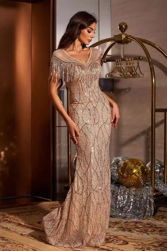 Beaded Fringe Sequin V-Neck Cap Sleeve Mermaid Gown 2