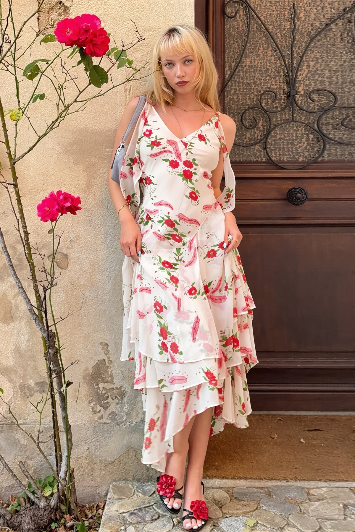 Floral Chiffon V-Neck Tiered Ruffle Midi Dress