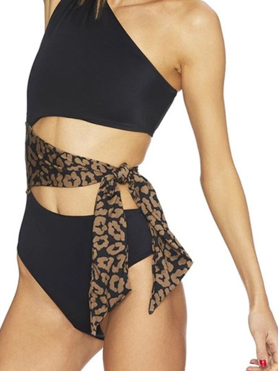One Shoulder Cutout Leopard Knitting One-piece Swimsuit - Fashionpara