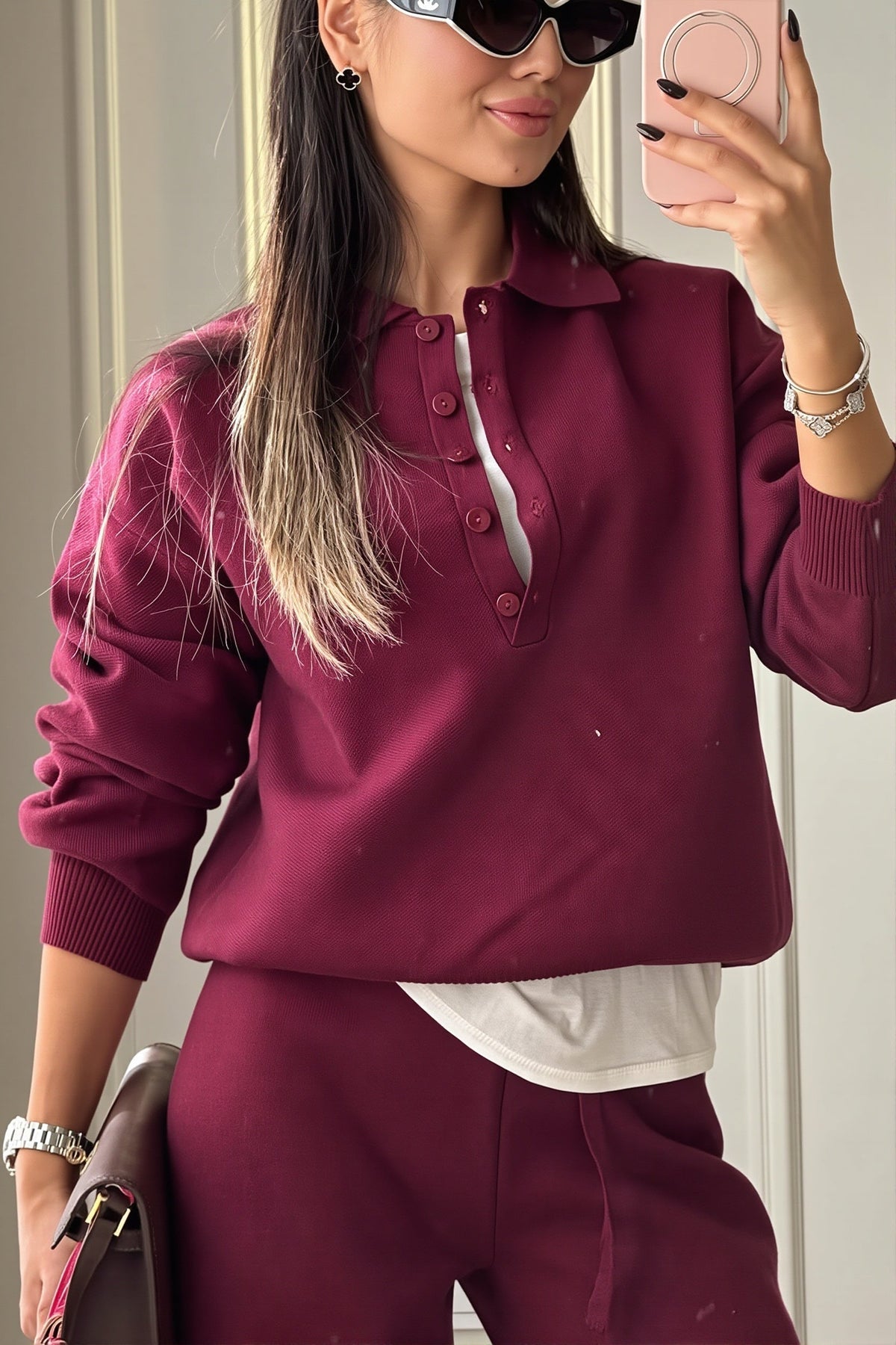 Knit Polo Pullover and Wide Leg Pants Set
